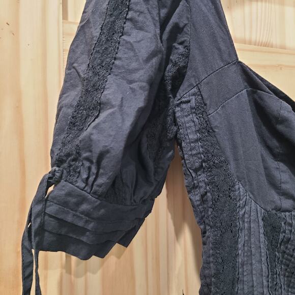 Lulus Black Mini Milkmaid Dress Pleated Lace Ruffle Hem Open Tie Back Size M - Picture 3 of 15